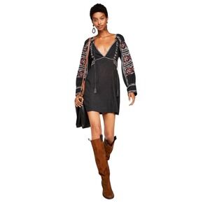 Free People Black Embroidered V Neck Tassel Mini Dress XS